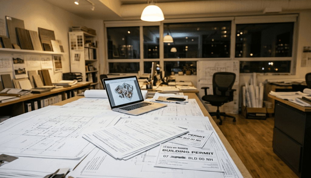 home addition blueprints and Ontario building permits at a desk
