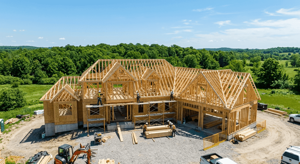 Wood-framed custom home under construction in Ontario during summer with workers on scaffolding

