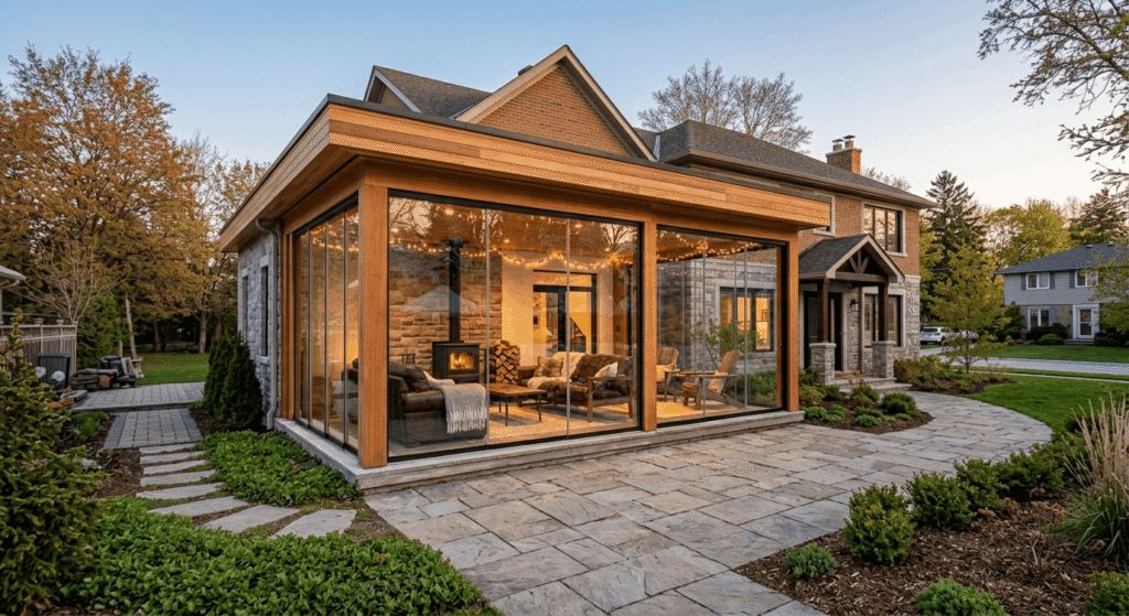 Four-season sunroom addition on an Ontario home with glass walls and winter view
