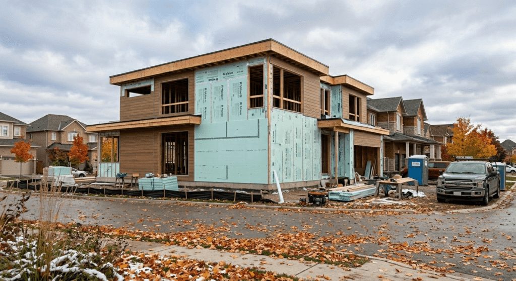 Net zero home under construction in Ontario with rigid insulation being applied to exterior walls