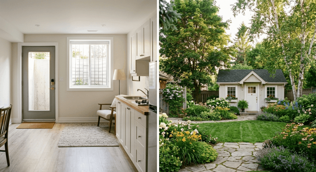 Side-by-side comparison of a finished basement apartment interior and a detached garden suite exterior in Ontario