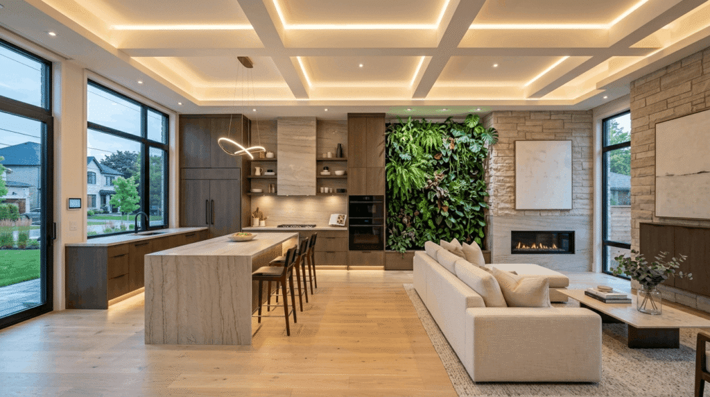 Modern custom home interior in Mississauga featuring open-concept layout, natural stone, and smart home technology in 2026