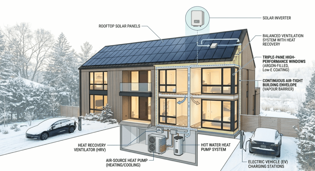 Cutaway diagram showing insulation, solar panels, heat pump, and airtight envelope of a net zero home