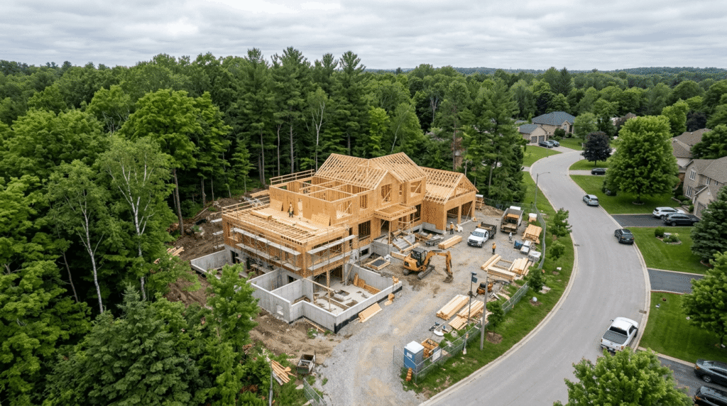Custom home under construction in Ontario showing framing and foundation work