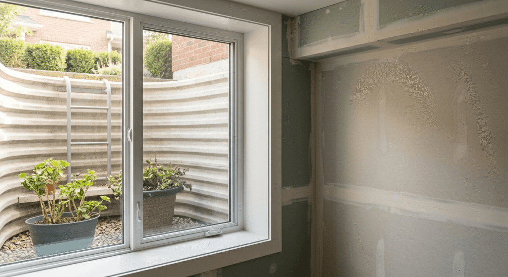 Finished legal basement apartment in Ontario with separate entrance, compact kitchen, and egress window