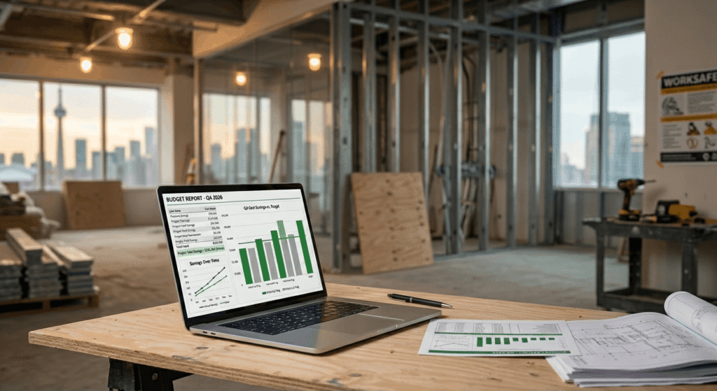  commercial construction budget savings on laptop at an Ontario design-build site