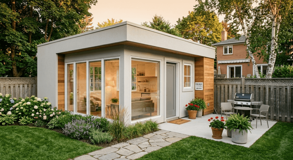A modern detached garden suite in an Ontario suburban backyard with private entrance, large windows, accessible level entry, and landscaped surroundings — representing garden suite pros and cons for investors