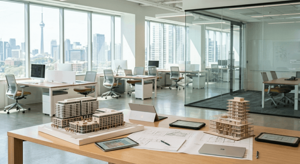 Integrated design-build architects and contractors collaborating on a commercial building project in Ontario
