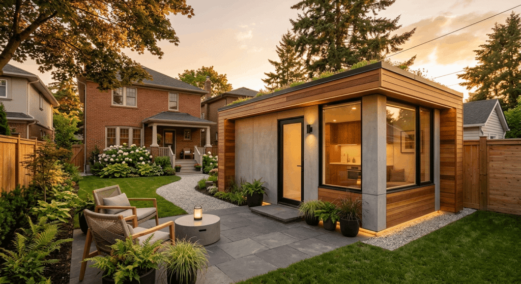 Newly built in-law garden suite with separate entrance in an Ontario backyard
