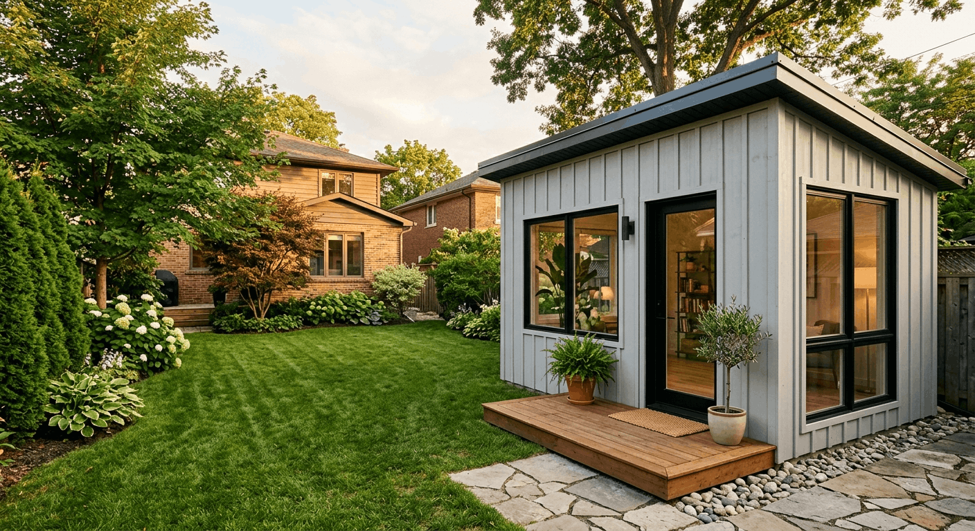 A modern detached garden suite with board-and-batten siding and a small wooden deck in a suburban Ontario backyard, with the main house visible in the background.