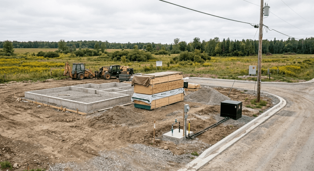 Early-stage residential construction on a serviced Ontario lot, showing a concrete foundation, stacked lumber, and utility connections.