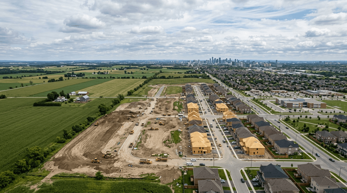 Aerial view of land development on the outskirts of an Ontario city, showing farmland transitioning into a new residential neighborhood with construction equipment and partially built homes.