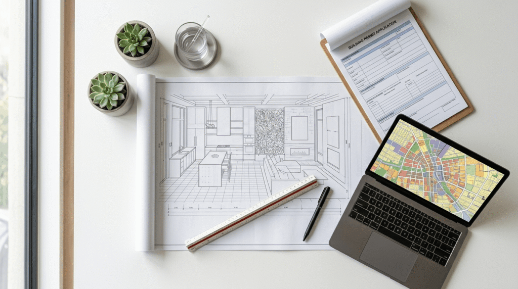 Mississauga building permit documents and architectural blueprints on a desk for a custom home project
