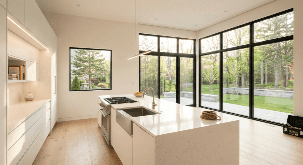 Luxury kitchen addition with custom cabinetry and quartz countertops in an Ontario home