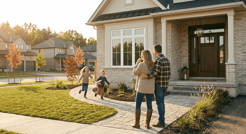 Family standing in front of their newly built custom home in Ontario on a sunny afternoon
