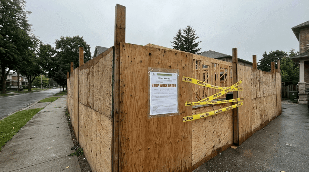 A stop-work order posted on a residential construction site hoarding in an Ontario neighbourhood