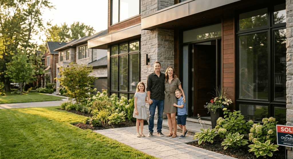 Happy family standing at the entrance of their newly completed custom home in Ontario