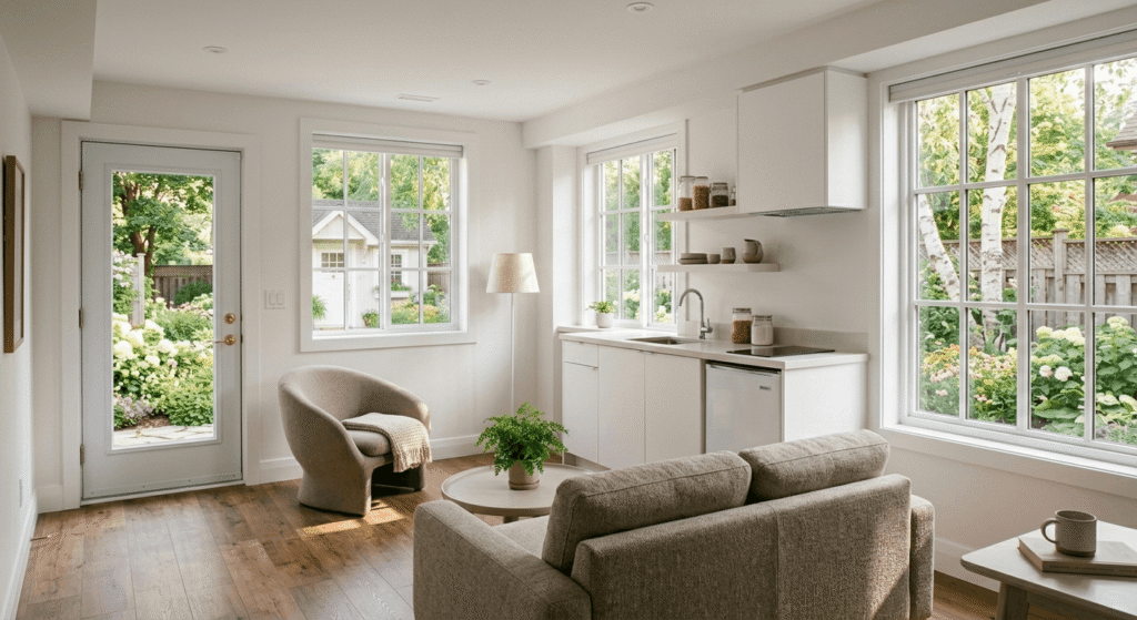 Modern open-plan interior of a garden suite with natural lighting, small kitchen, and wooden floors