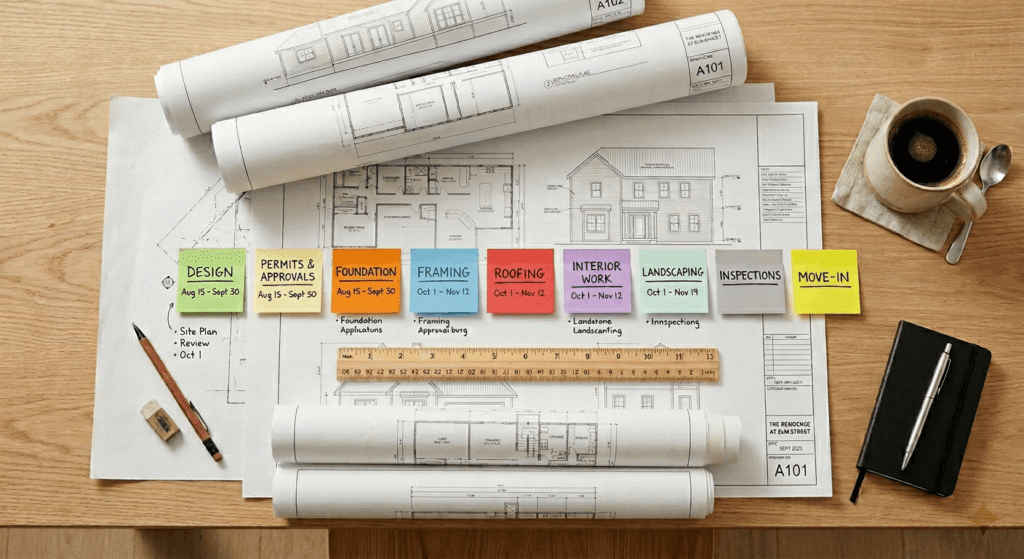 Construction project timeline with blueprints and phase notes laid out on a desk