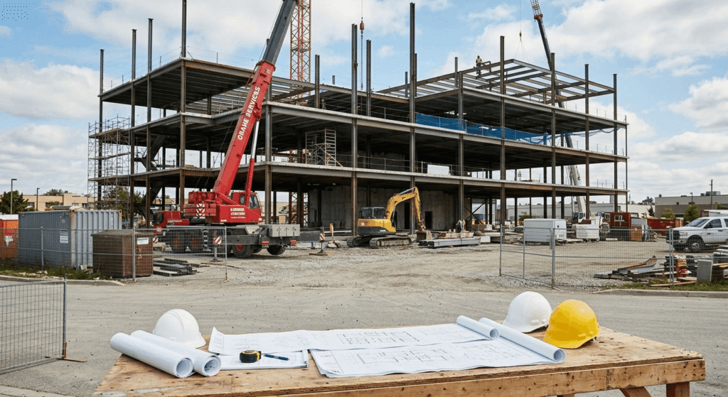 Commercial design-build construction team reviewing blueprints on an Ontario project site