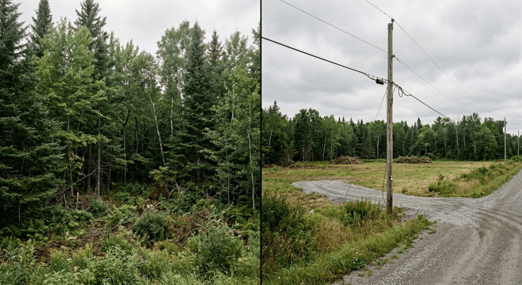 Two adjacent rural Ontario land parcels — raw bush lot on the left, partially serviced vacant lot with hydro pole on the right.