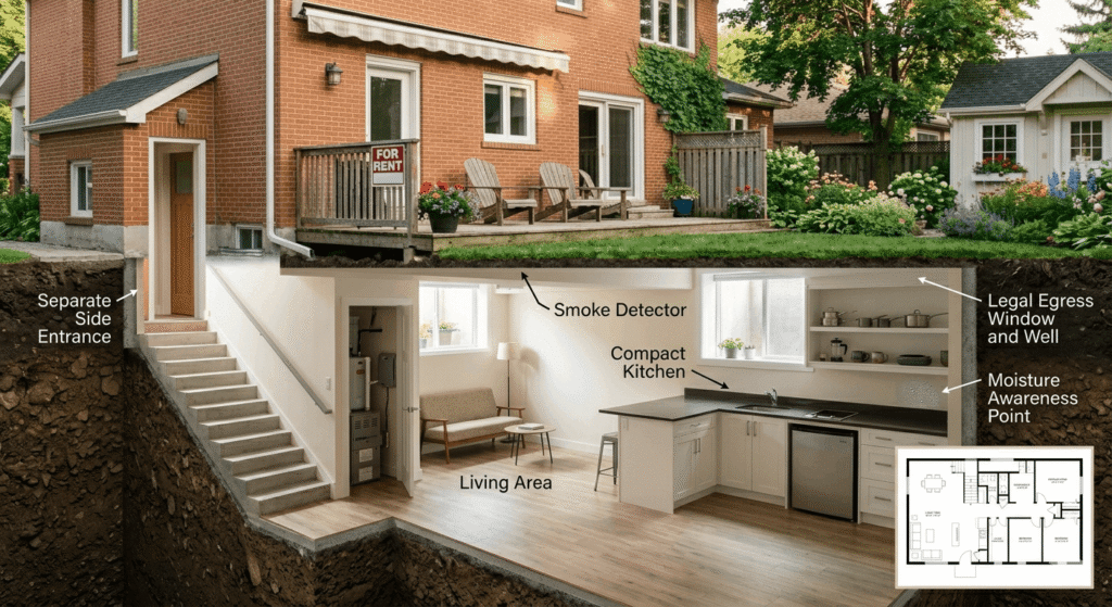 Cross-section view of an Ontario home showing a finished legal basement apartment below ground with egress window, separate entrance, kitchen, and living area
