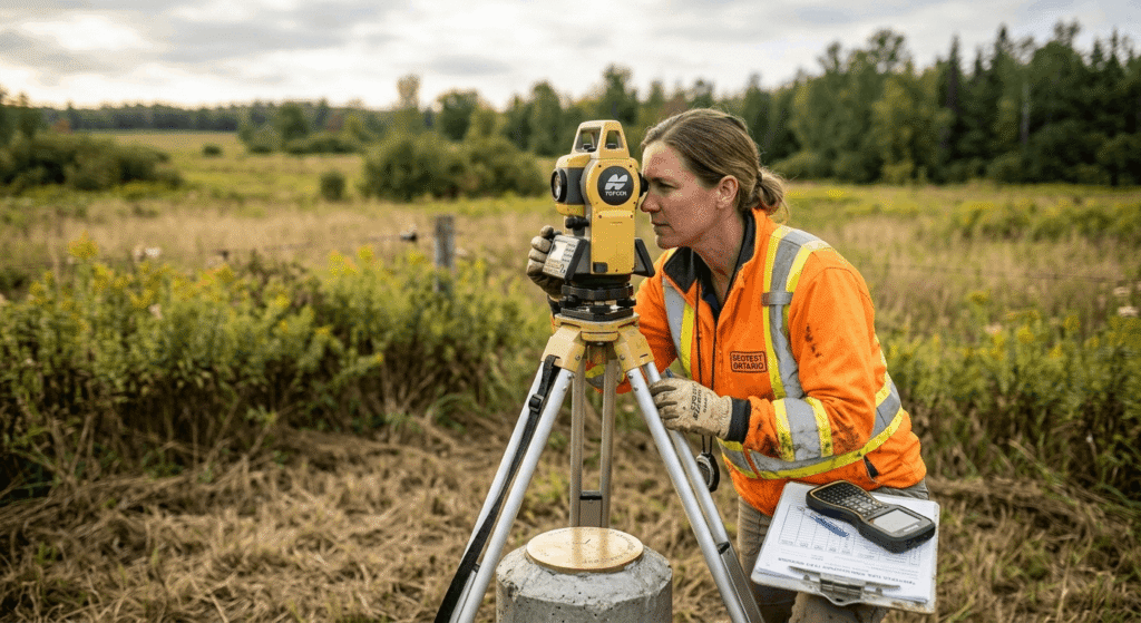 A licensed land surveyor setting up a theodolite instrument at a property corner marker on a rural Ontario lot.