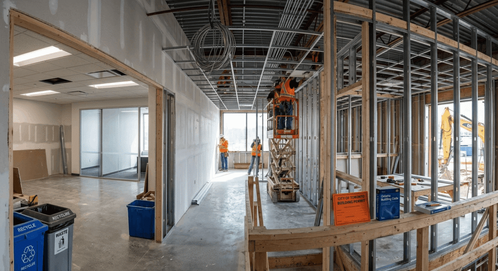 Ontario commercial office renovation in progress showing completed and under-construction areas side by side
