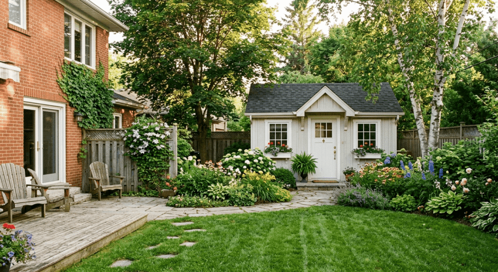 A detached garden suite in the backyard of an Ontario suburban home, showing separate entrance and landscaped yard