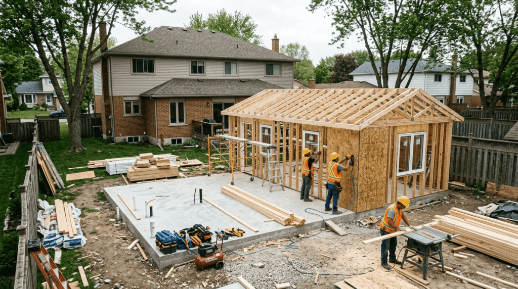 Workers constructing a garden suite in a residential Ontario backyard, with wooden framing, a concrete slab, and the main house visible behind.