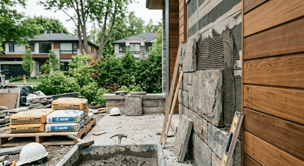 Installing premium stone exterior cladding on a custom home in Ontario
