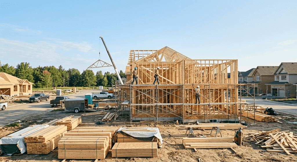 Active custom home construction site in Ontario showing workers framing a two-storey house