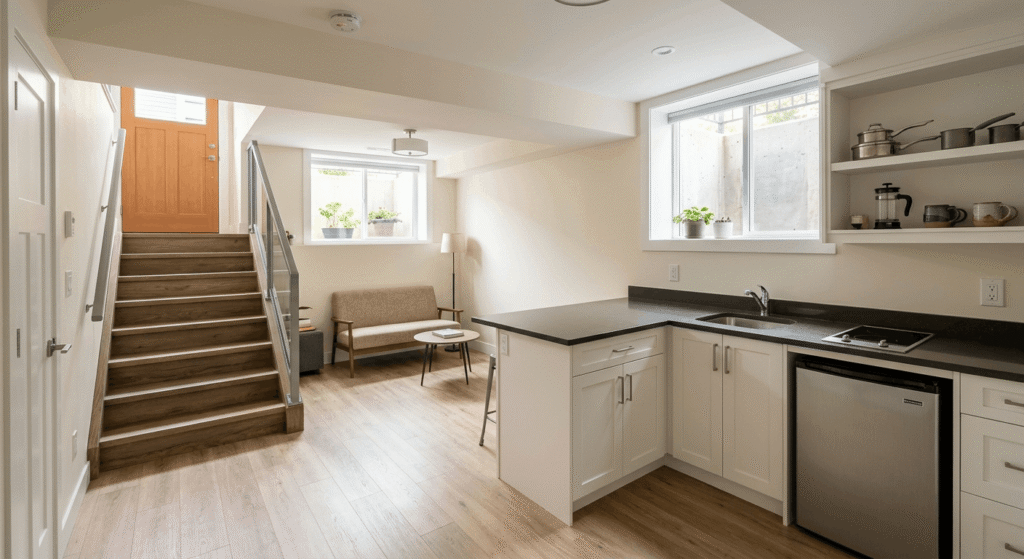 Finished legal basement apartment in Ontario with separate entrance, compact kitchen, and egress window