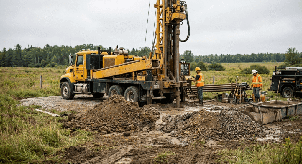 A well drilling rig operating on a rural Ontario property, with workers in the background and fresh earth around the drill site.