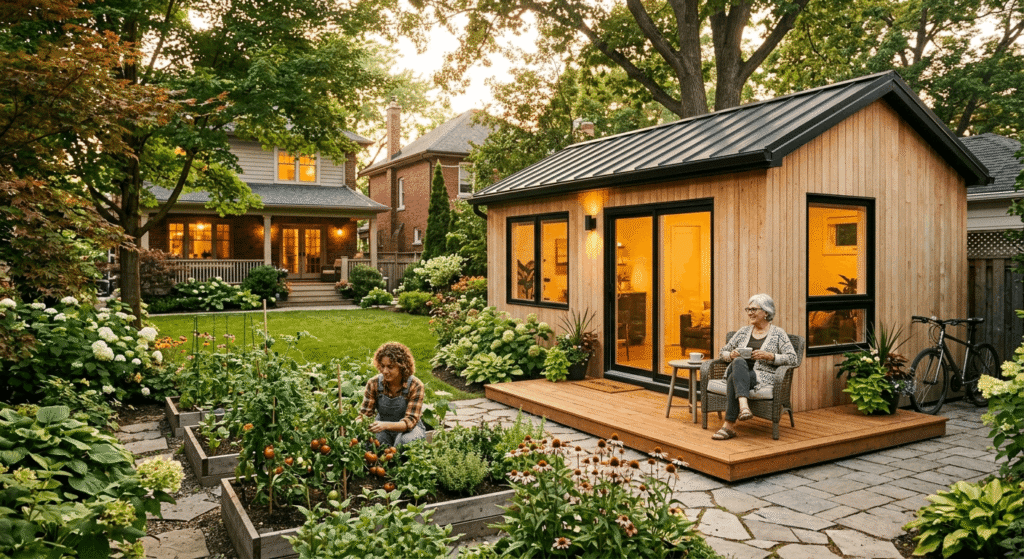 A completed garden suite glowing with warm interior lights at golden hour, with an elderly woman sitting on the deck and a younger person gardening nearby, illustrating multigenerational living in Ontario.