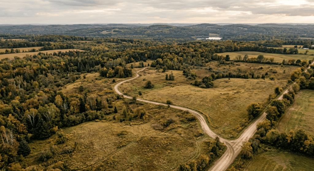 Aerial view of undeveloped land for sale in Ontario Canada showing open fields and rural terrain