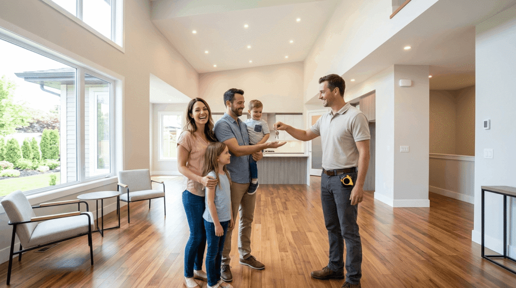 New homeowners receiving keys during final walkthrough of their custom-built home in Mississauga Ontario
