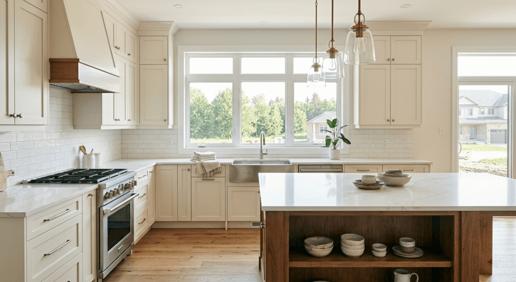 Finished custom home kitchen interior in Ontario with quartz countertops and hardwood floors