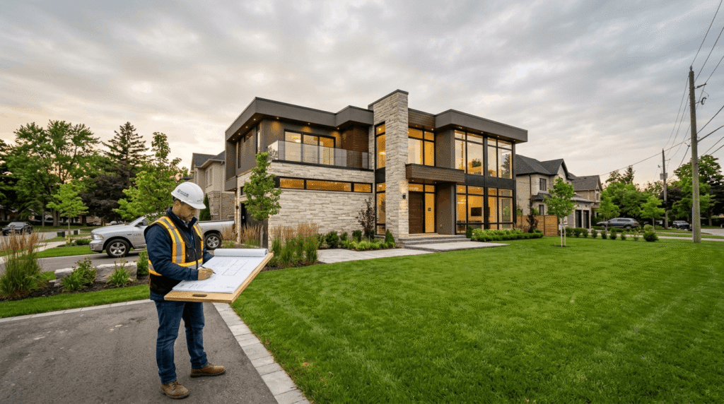 Modern custom home interior in Mississauga featuring open-concept layout, natural stone, and smart home technology in 2026