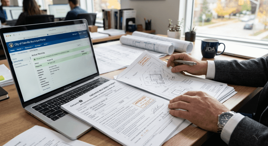 Architect reviewing Ontario building permit documents and approval paperwork