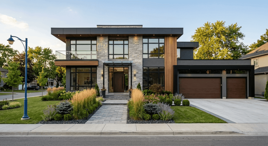 Completed modern custom home exterior in Mississauga Ontario with professional landscaping and stone facade, representing the finished result of a Leedway Group design-build project