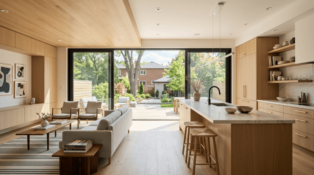Finished open-plan kitchen and family room interior of a completed rear home addition in Toronto
