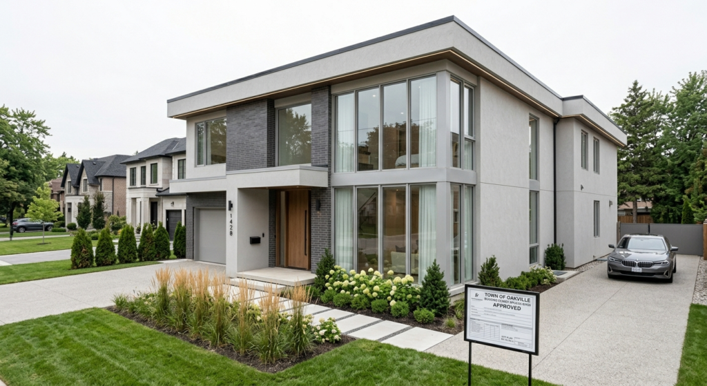 Newly completed custom home in Ontario with approved building permit displayed, representing successful permit approval
