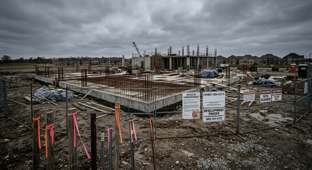 Stalled Ontario construction site with exposed foundation and regulatory permit delay notices on fencing