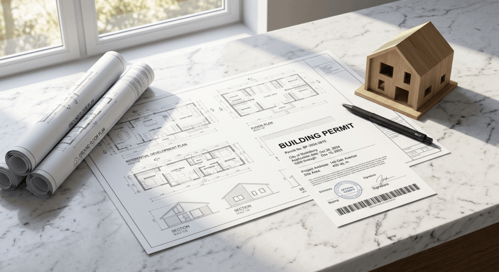 Architectural blueprints and permit documents for a Toronto garden suite application