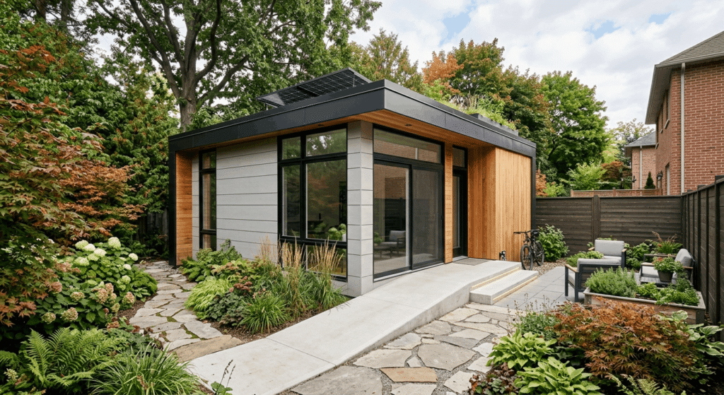Modern aging-in-place garden suite exterior in a Toronto backyard with accessible step-free entrance and large windows constructed by leedway group