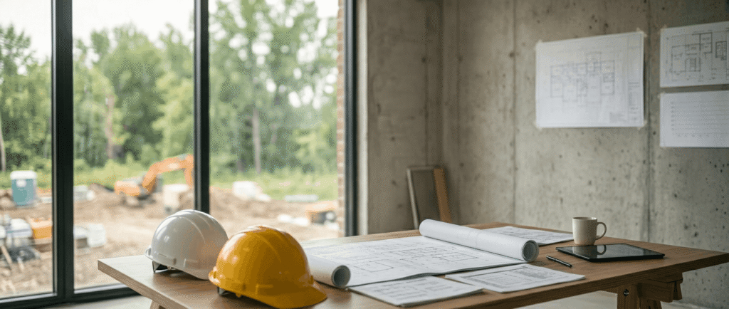Two Ontario home builders reviewing construction documents at a planning desk with hard hats, representing HCRA registration and licensing requirements