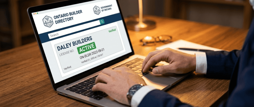 Person searching the Ontario Builder Directory on a laptop to verify an HCRA-registered builder's license status