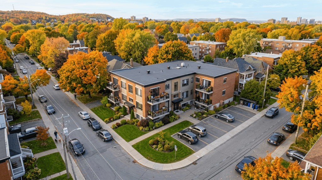 Aerial view of a well-maintained multi-plex residential building in a Canadian urban neighborhood
