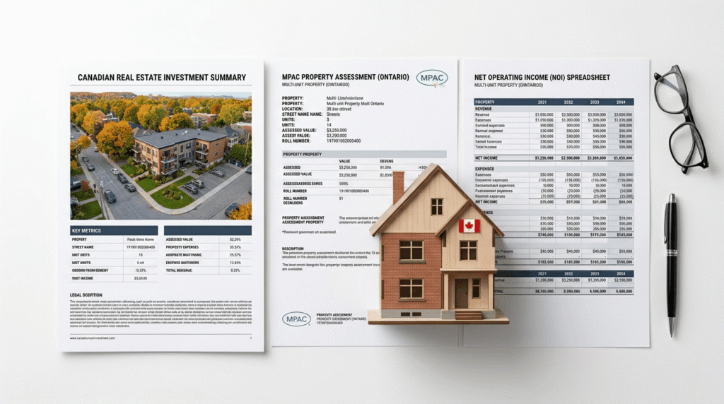 Real estate investment documents showing net operating income and property assessment data for a Canadian multi-plex
